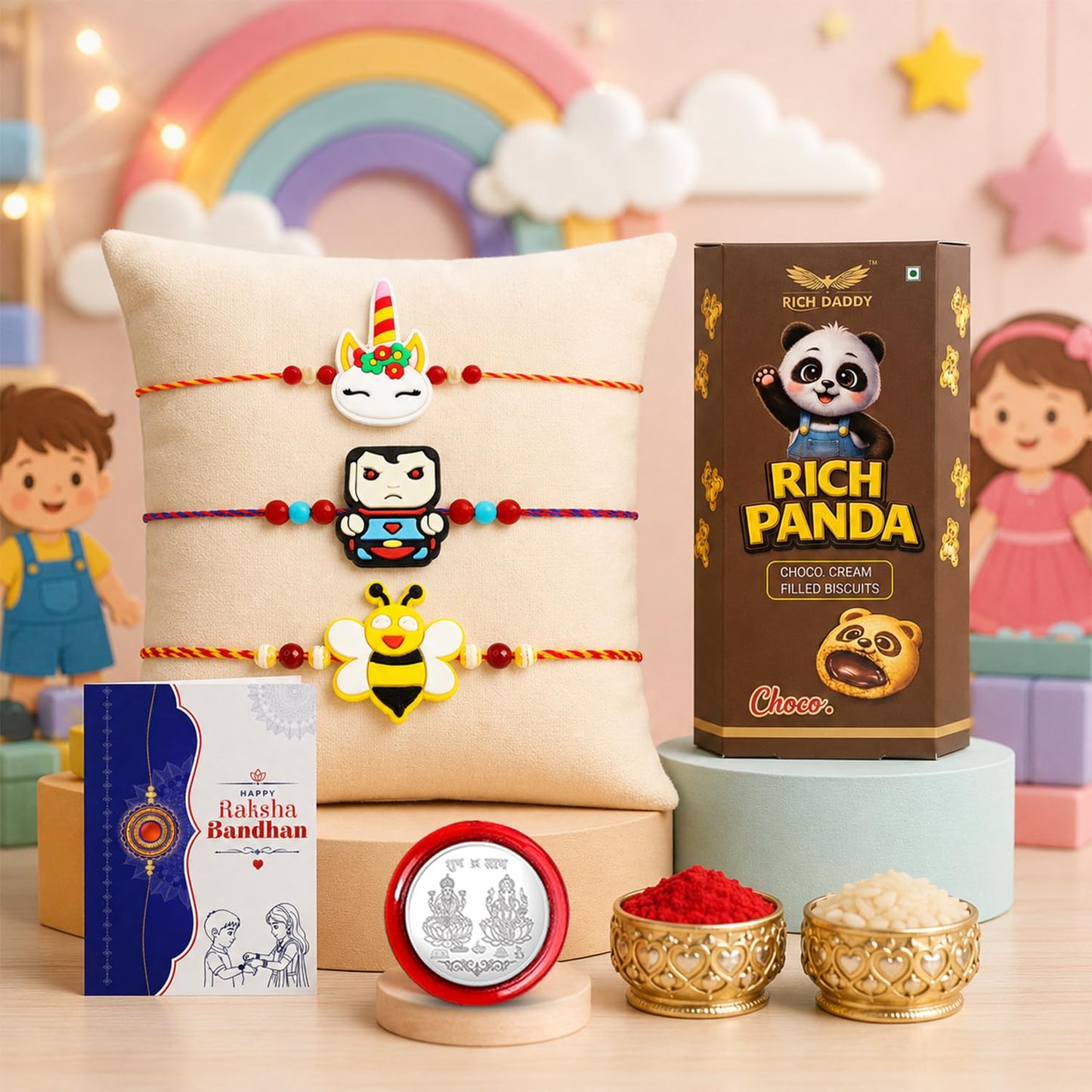 Kiwi Rakhi for Brother with Biscuit 60gm - Raksha Bandhan Gift Set, Pack of 7
