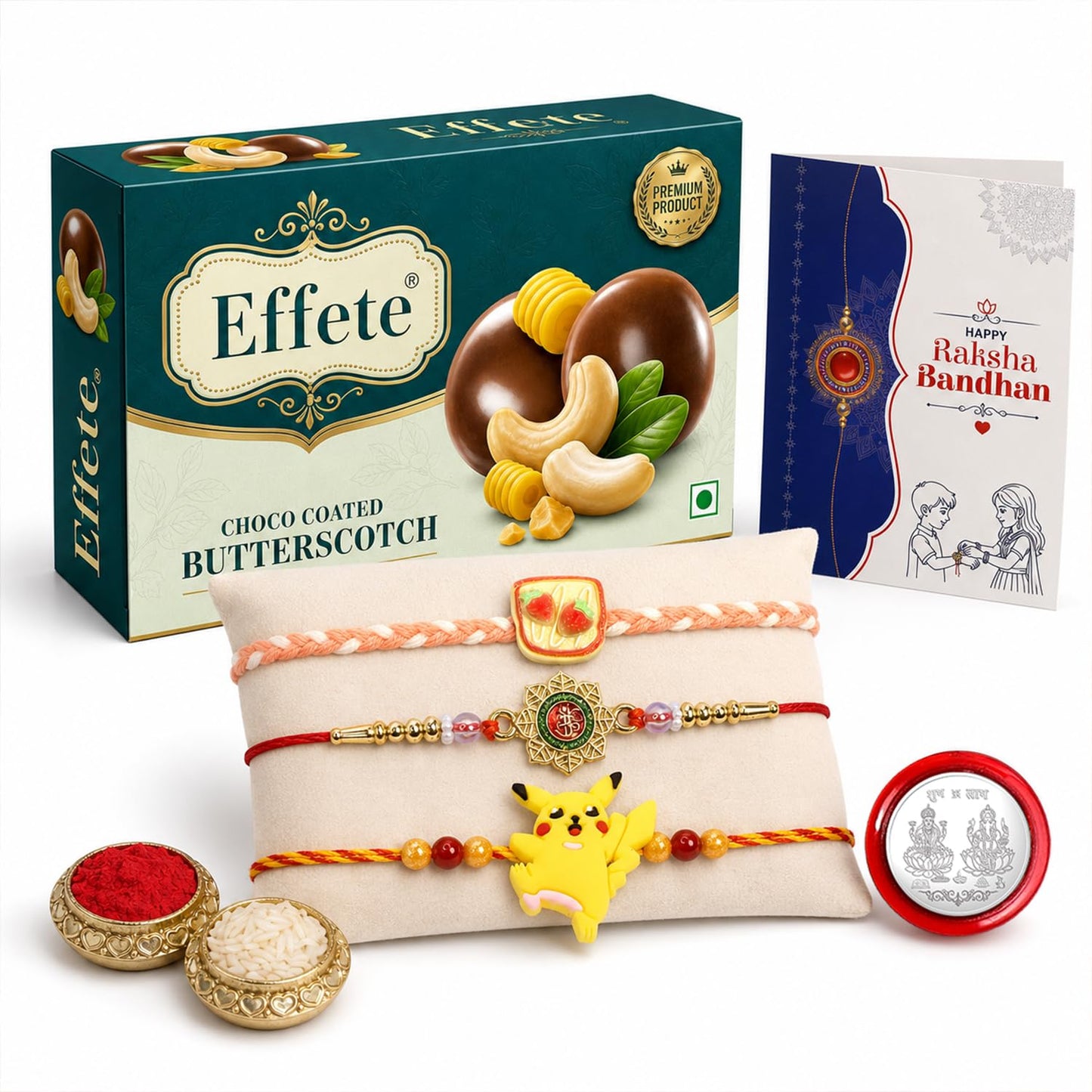 Clay Rakhi for Brother with Butter Scotch 32gm, Roli Tikka & Card, Pack of 7