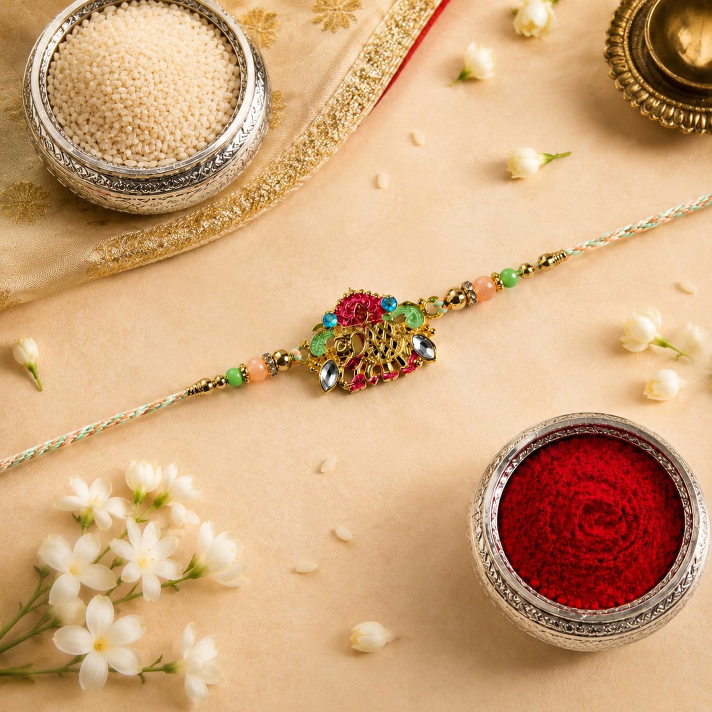 Kundan Multicolor Rakhi for Brother & Bhaiya with Turtle shape Pooja | Pack of 5