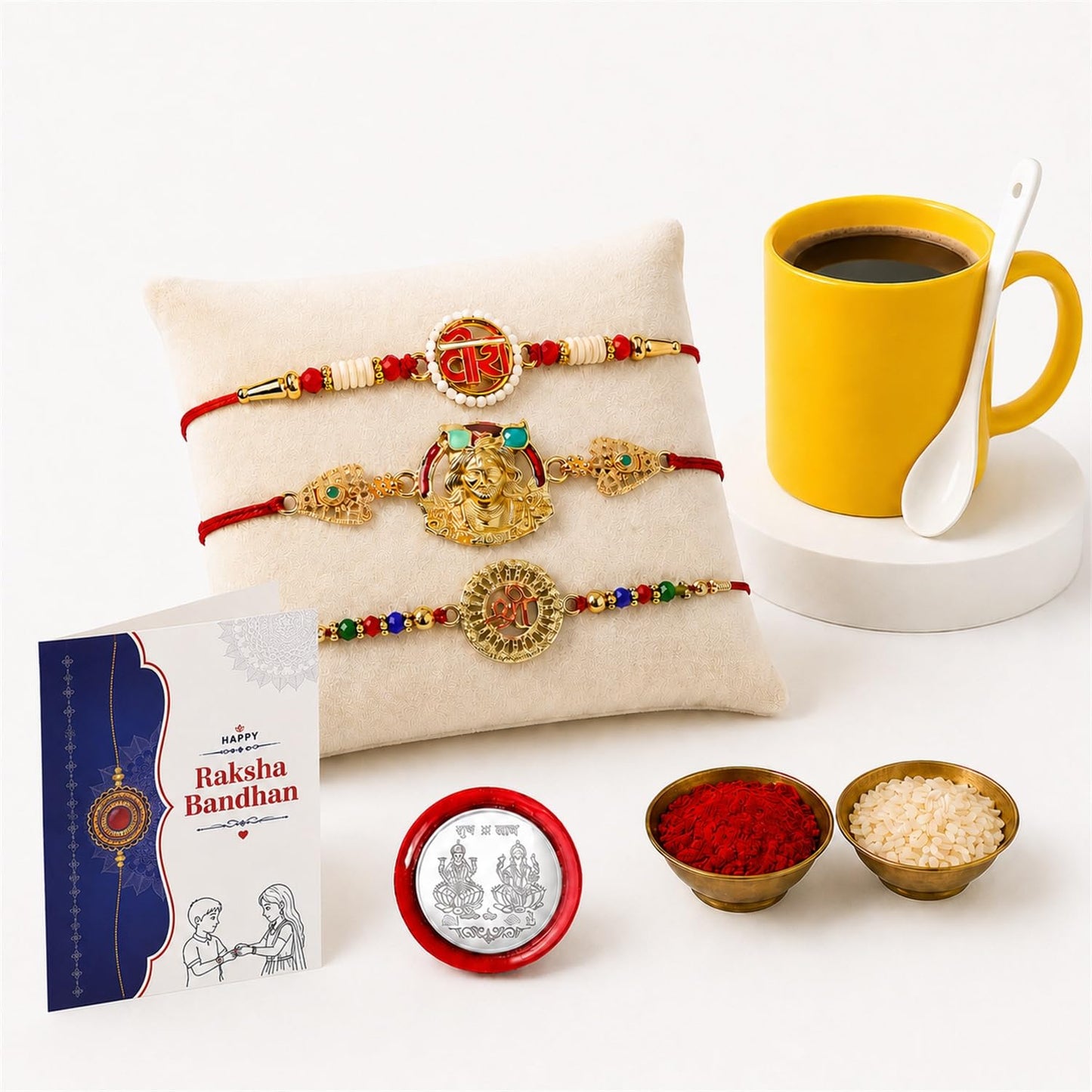 Multicolor Rakhi & Kalash Pooja Thali – Raksha Bandhan Gift Set Hamper (Pack of 5)