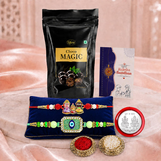 Lord Jagannath Rakhi Combo - Raksha Bandhan Gift with Choco Magic Standy Pouch, Pack of 6