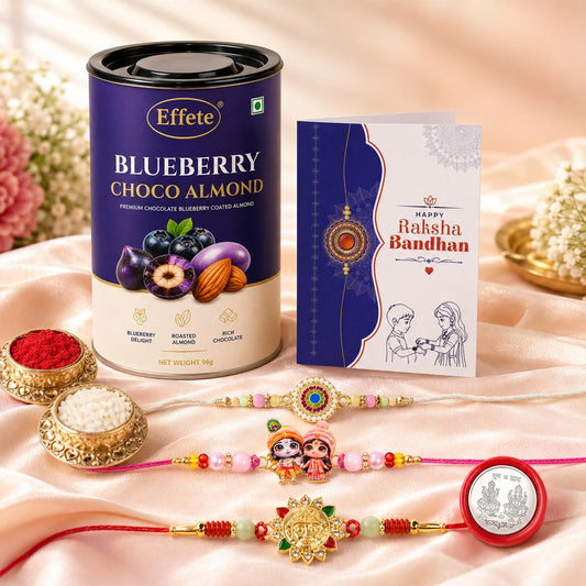 Complete Rakhi Set for Brother with chocolate, roli chawal, silver coin and greeting card.