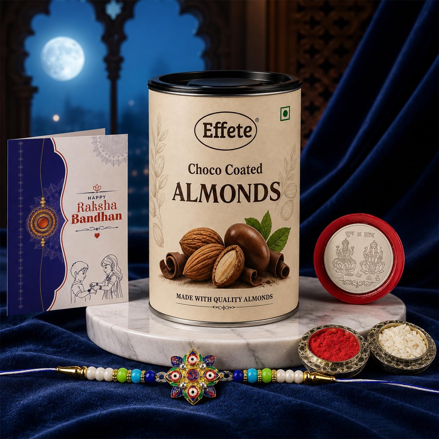 Evil Eye Rakhi for Brother with Choco Almonds 96gm, Roli Tikka & Card - Pack of 5