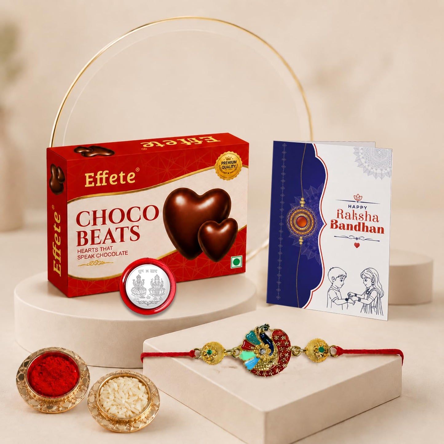 Colorful Mor Rakhi for Brother with Chocolate Beats 32gm, Coin & Card, Pack of 5