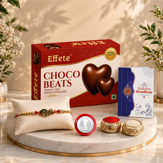 Multicolor floral Rakhi chocolate gift set for brother with roli chawal and pooja coin.