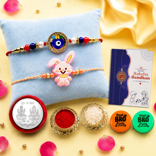 Multicolor Rakhi Combo Evil Eye, Bunny Charm with Multicolour | Pack of 7