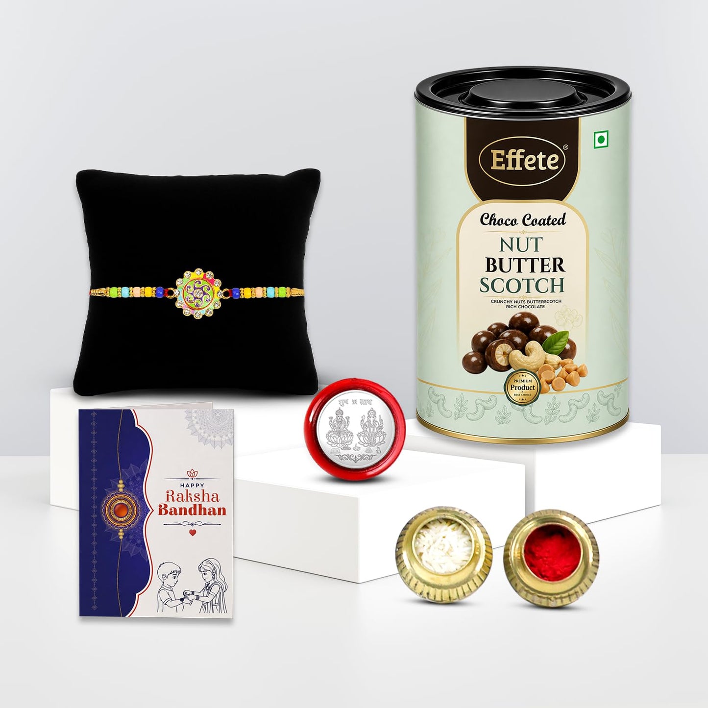 Rakhi with Chocolate for Brother – Raksha Bandhan Combo with Elegant Rakhi, Chocolate, Roli Chawal, Silver Color Pooja Coin and Greeting Card – Traditional Festival Celebration (Set of 5)