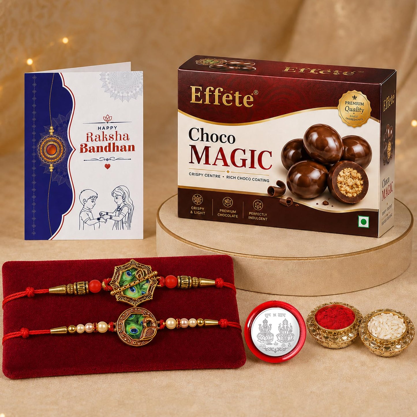 Octagon Shape Rakhi for Brother with Chocolate Magic 96gm, Coin & Card, Pack of 6