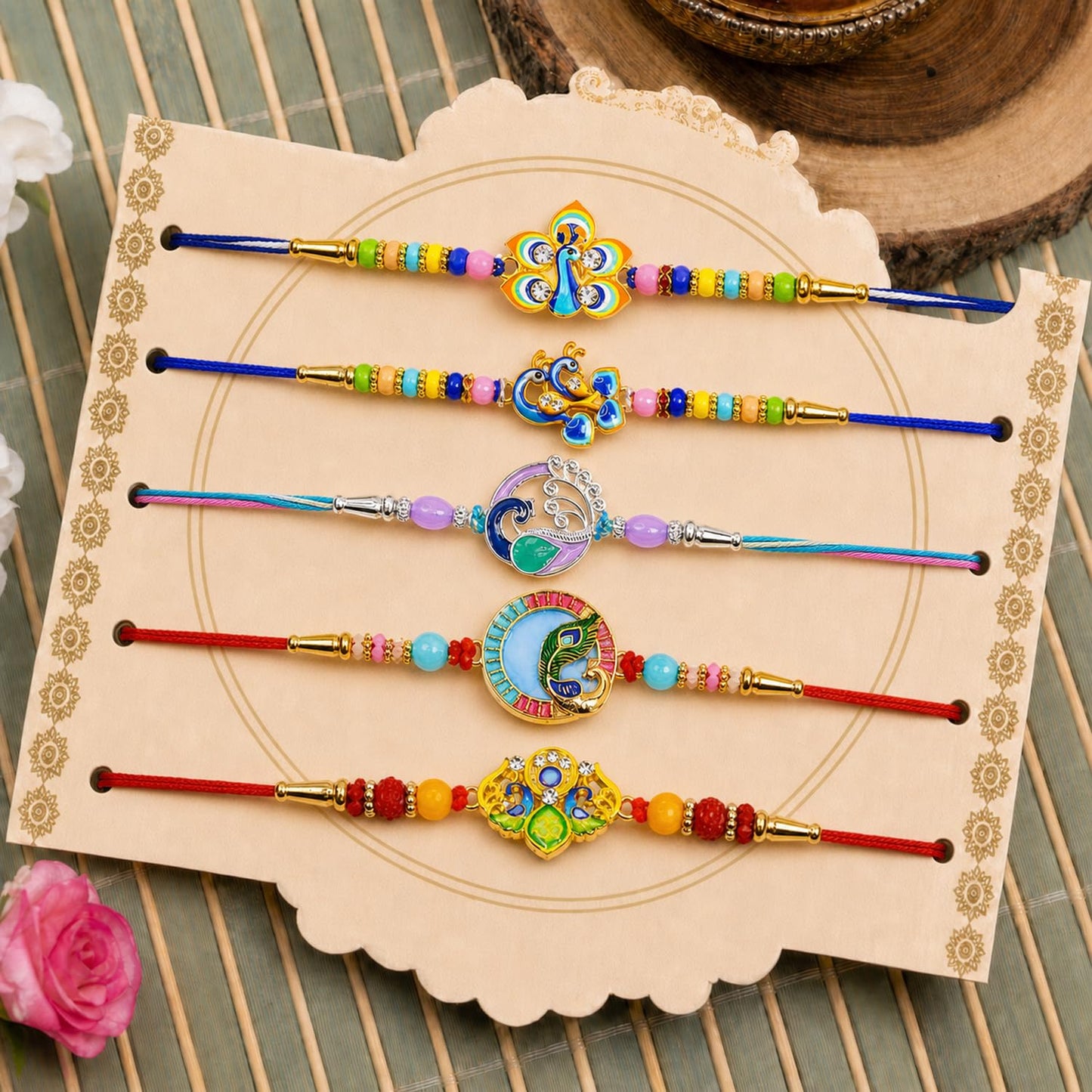 Elegant Vibrant Rakhi for Brother with Roli Tikka, Pooja Coin & Card, Pack of 8
