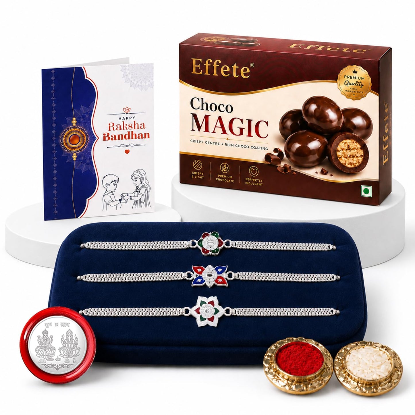 Flower Rakhi for Brother with Chocolate Magic 96gm, Roli Tikka & Card | Pack of 7