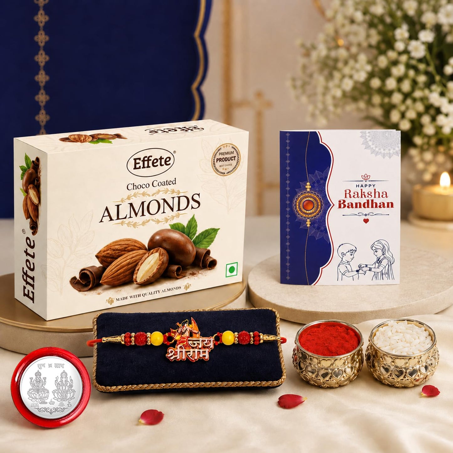 Shri Ram Rakhi Combo - Raksha Bandhan Gift with Choco Almonds 32gm, Pack of 5 | Rakhi Gift