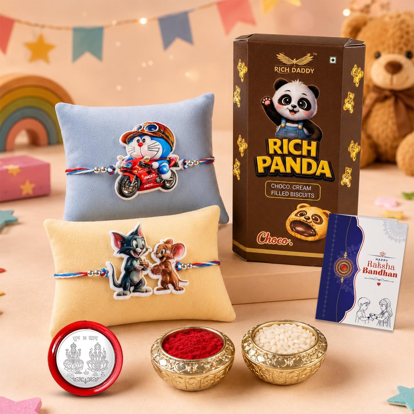 Kids Cat Mouse with Rakhi for Brother with Choco Cream Biscuit 60gm, Pack of 6