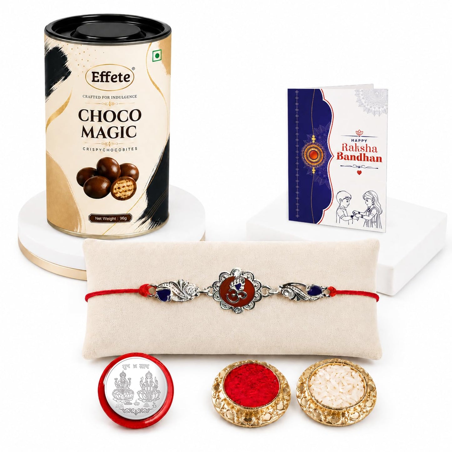 Multicolor Om Rakhi & Chocolate Magic 96gm with Roli Chawal, Silver Color Pooja Coin & Greeting Card, Fancy Rakhis for men stylish, Rakshbandhan Combo, Pack of 5 For Raksha Bandhan