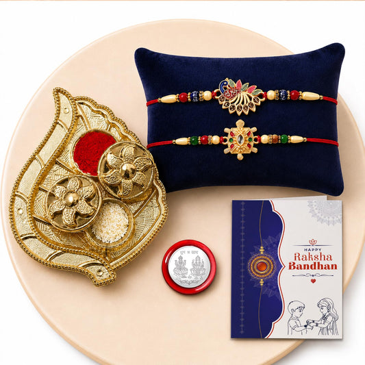 Peacock and Turtle Rakhi Combo set for Raksha Bandhan with sweets and pooja thali.