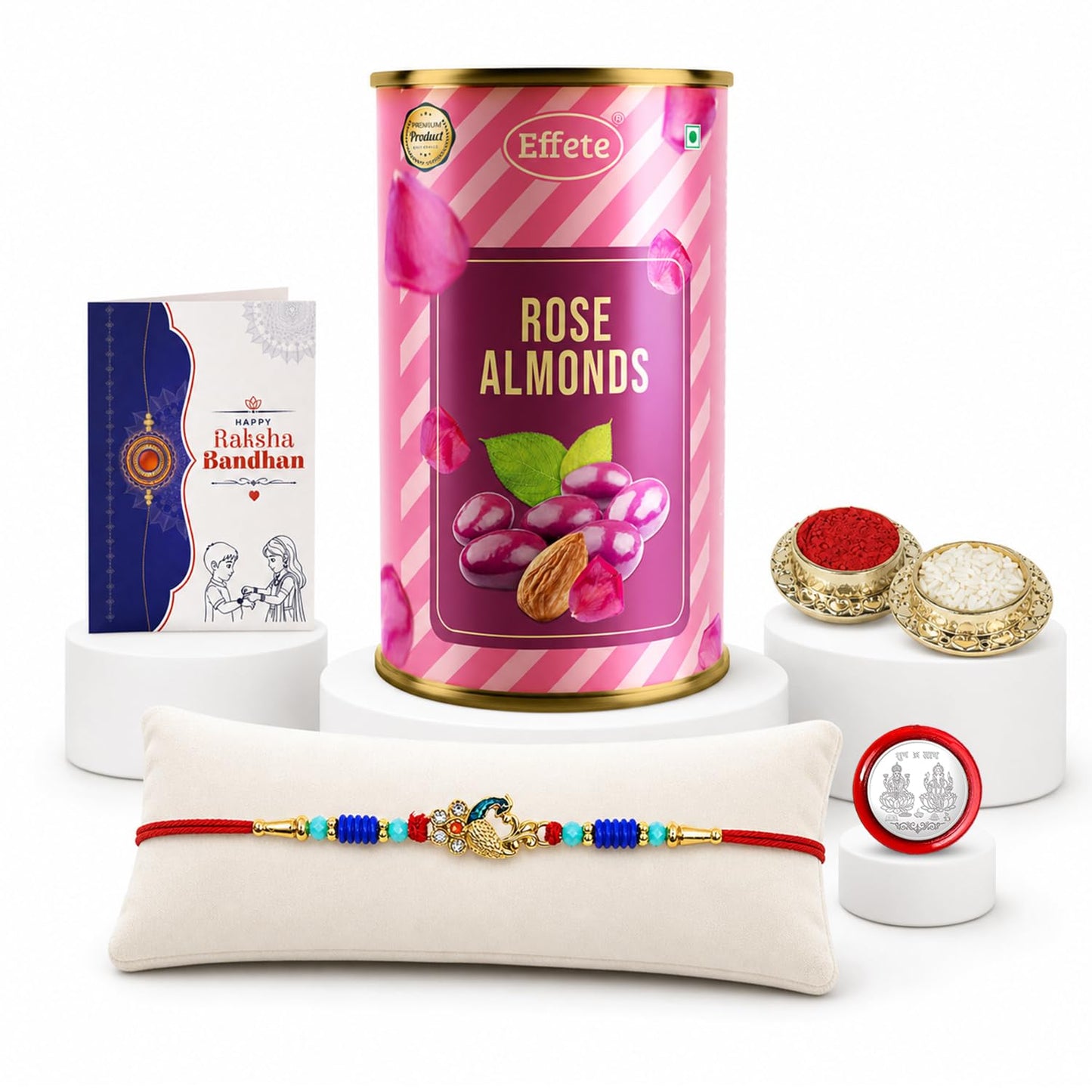 Peacock Multicolor Rakhi & Rose Almond 96gm with Roli Chawal, Silver Color Pooja Coin & Greeting Card, Rakshbandhan Combo, Rakhi & Chocolate, Pack of 5 For Raksha Bandhan