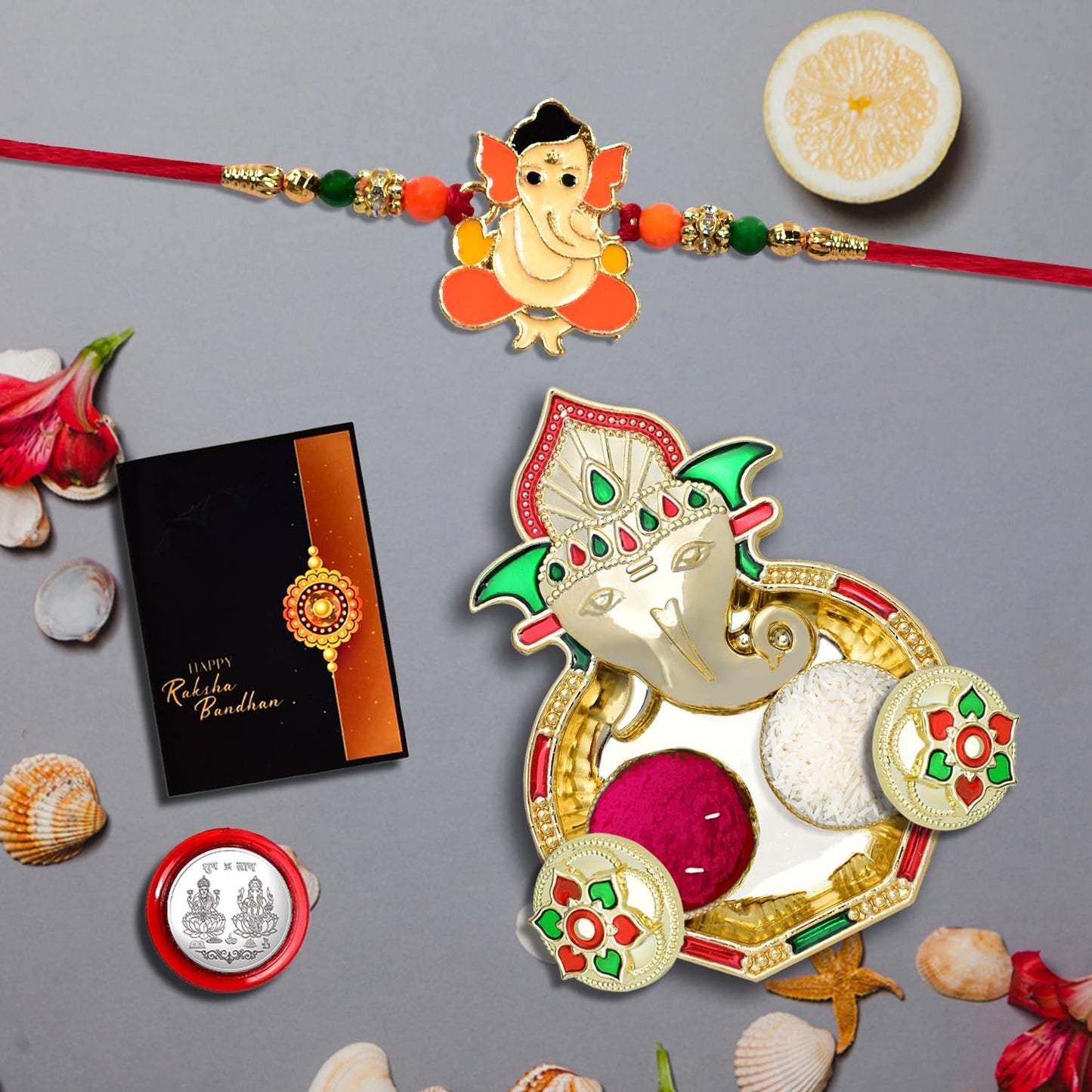 Rakhi for brother combo set featuring silver coin and pooja thali for Raksha Bandhan celebration