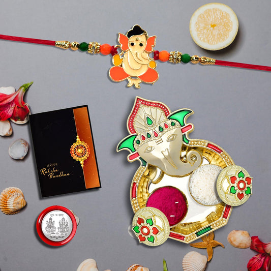Rakhi for brother combo set featuring silver coin and pooja thali for Raksha Bandhan celebration