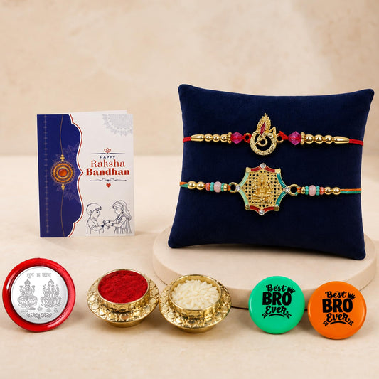 Rakhi combo for brother with golden feather deity rakhi, roli chawal, silver pooja coin, and decorative magnets.