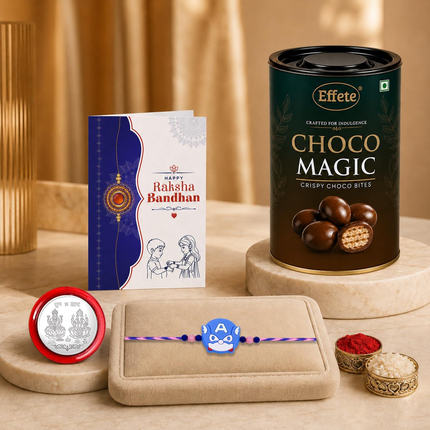 Rakhi with Chocolate for Brother (Set of 5) – Raksha Bandhan Festival Celebration Combo for Bro with Cute Cartoon Style Rakhi, Chocolate, Roli Chawal, Silver Color Pooja Coin & Greeting Card
