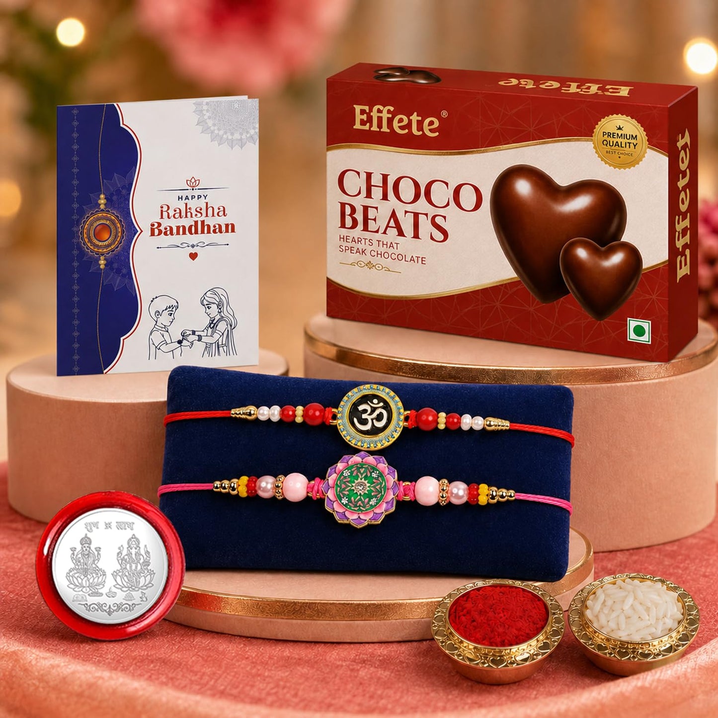 Om, Round Floral Lotus Rakhi Combo - Raksha Bandhan Gift with Choco Beats 32gm, Pack of 6