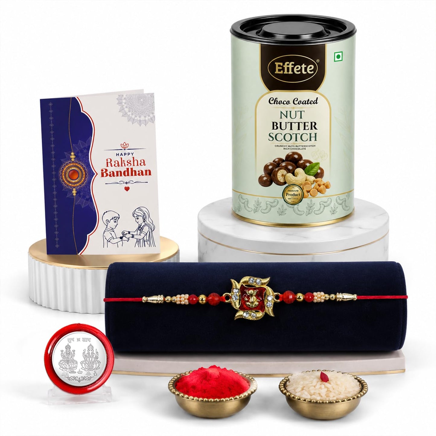 Ganesha Rakhi for Brother with Butter Scotch 96gm, Roli Tikka & Card, Pack of 5