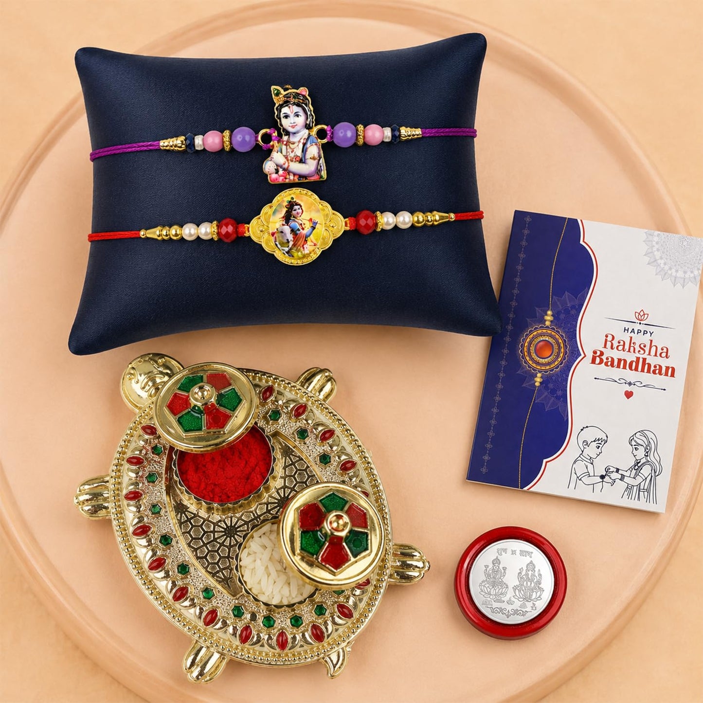 Multicolor Krishna, Krishna Bracelet/Rakhi & Turtle shape Pooja Thali with Silver Color Pooja Coin, Tikka/Tilak Set & Greeting Card, Rakhi Gift Hamper (Pack of 6) For Raksha Bandhan