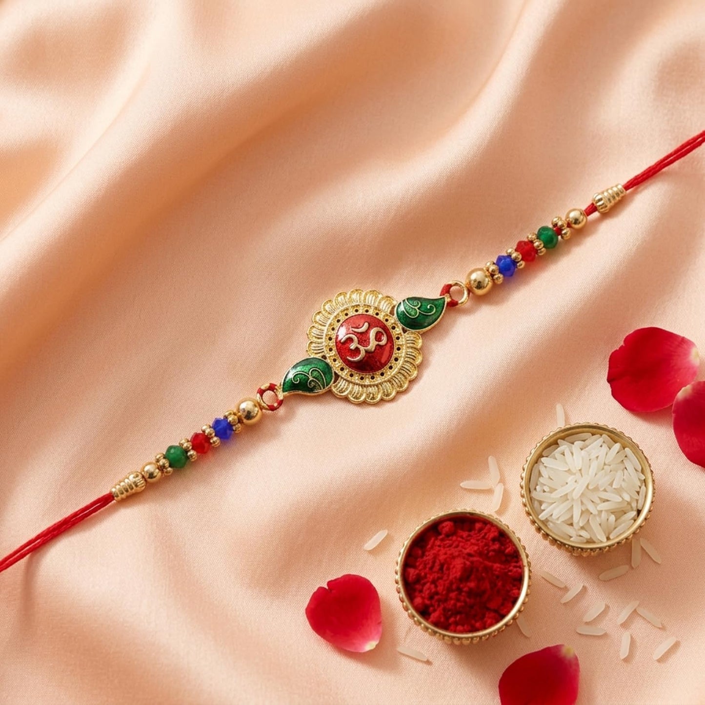 Rakhi with Fridge Magnet for Brother (Set of 8) – Raksha Bandhan Celebrations Combo with OM, Peacock & Silver Color Rakhi, 2 Pc Fridge Magnets, Greeting Card, Roli Chawal & Silver Color Coin