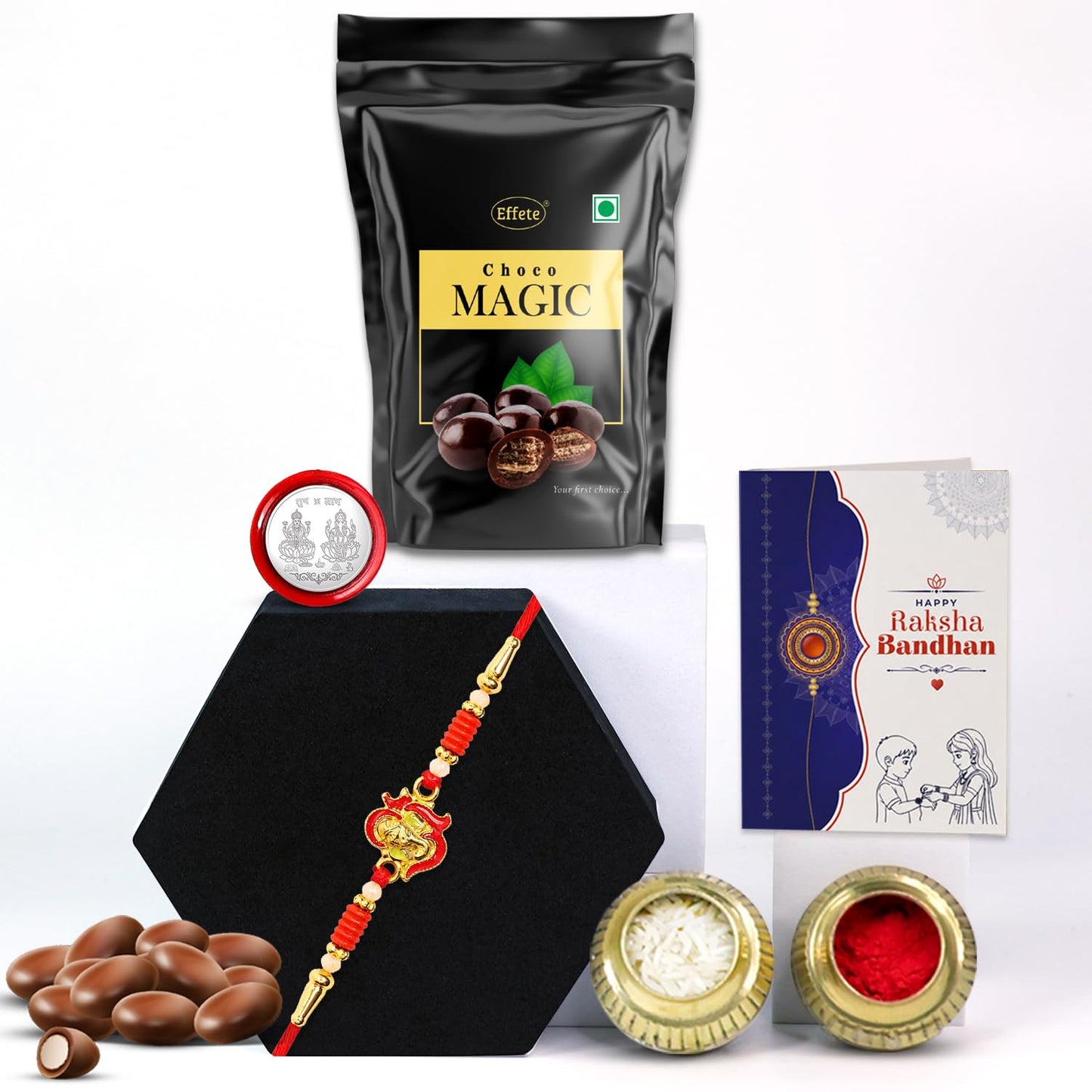 Rakhi with Chocolate for Brother – Traditional Festival Rakhi Pack with Chocolate, Silver Color Coin, Greeting Card & Roli Chawal (Pack of 5) For Raksha Bandhan