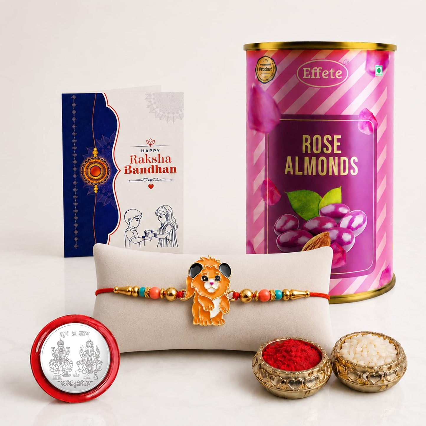 Kids Rakhi for Brother with Rose Almond 96gm, Roli Chawal & Card, Pack of 5