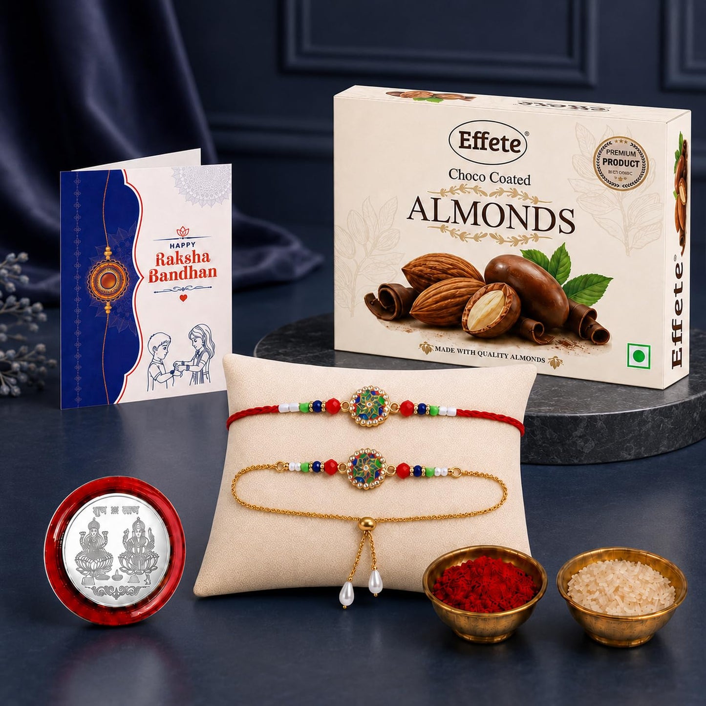 A Raksha Bandhan gift set features two colorful bracelets, a box of chocolate almonds, a greeting card, and small bowls of
