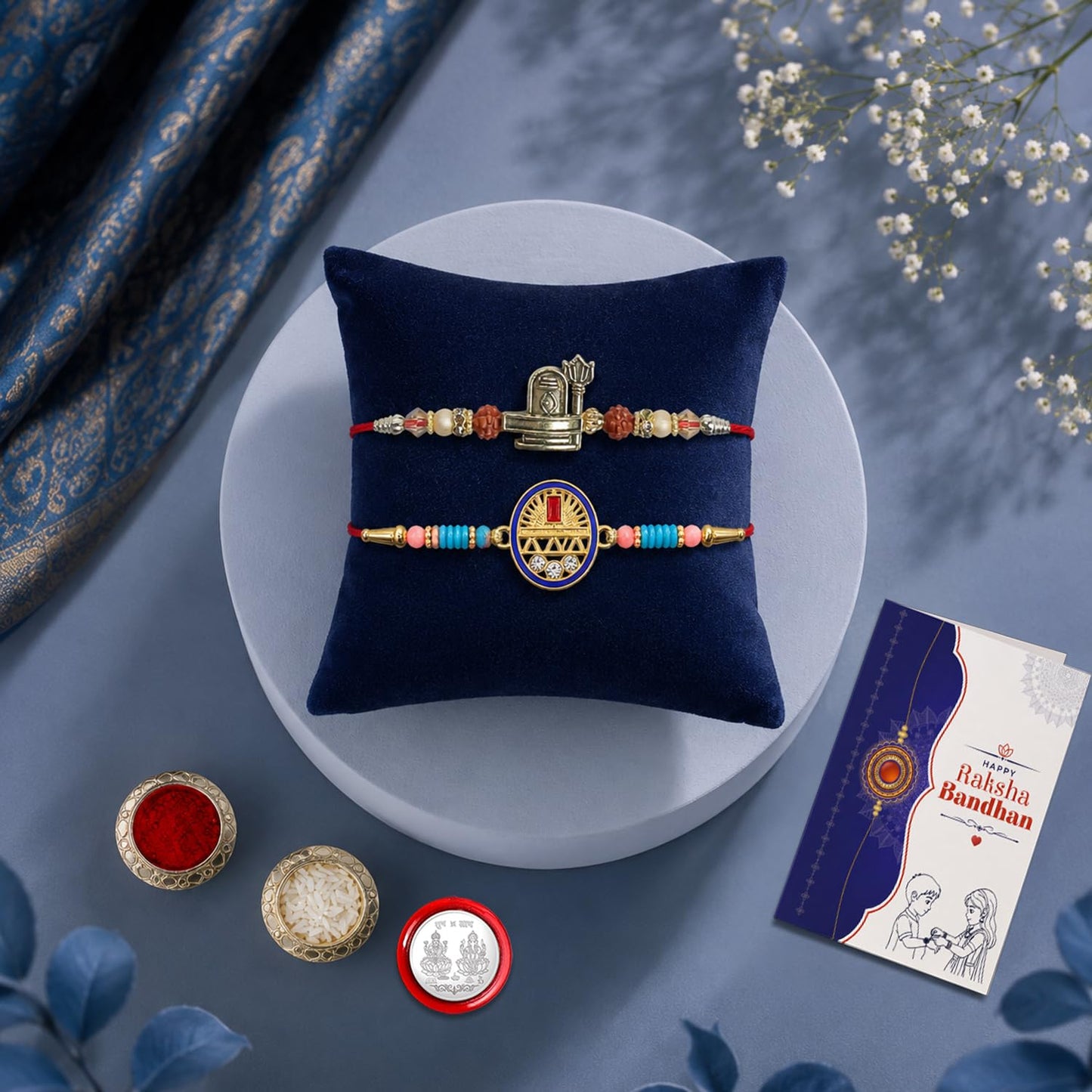 Ganesha Beads Rakhi for Brother with Tilak Set, Pooja Coin & Card, Rakhi Set (V6)