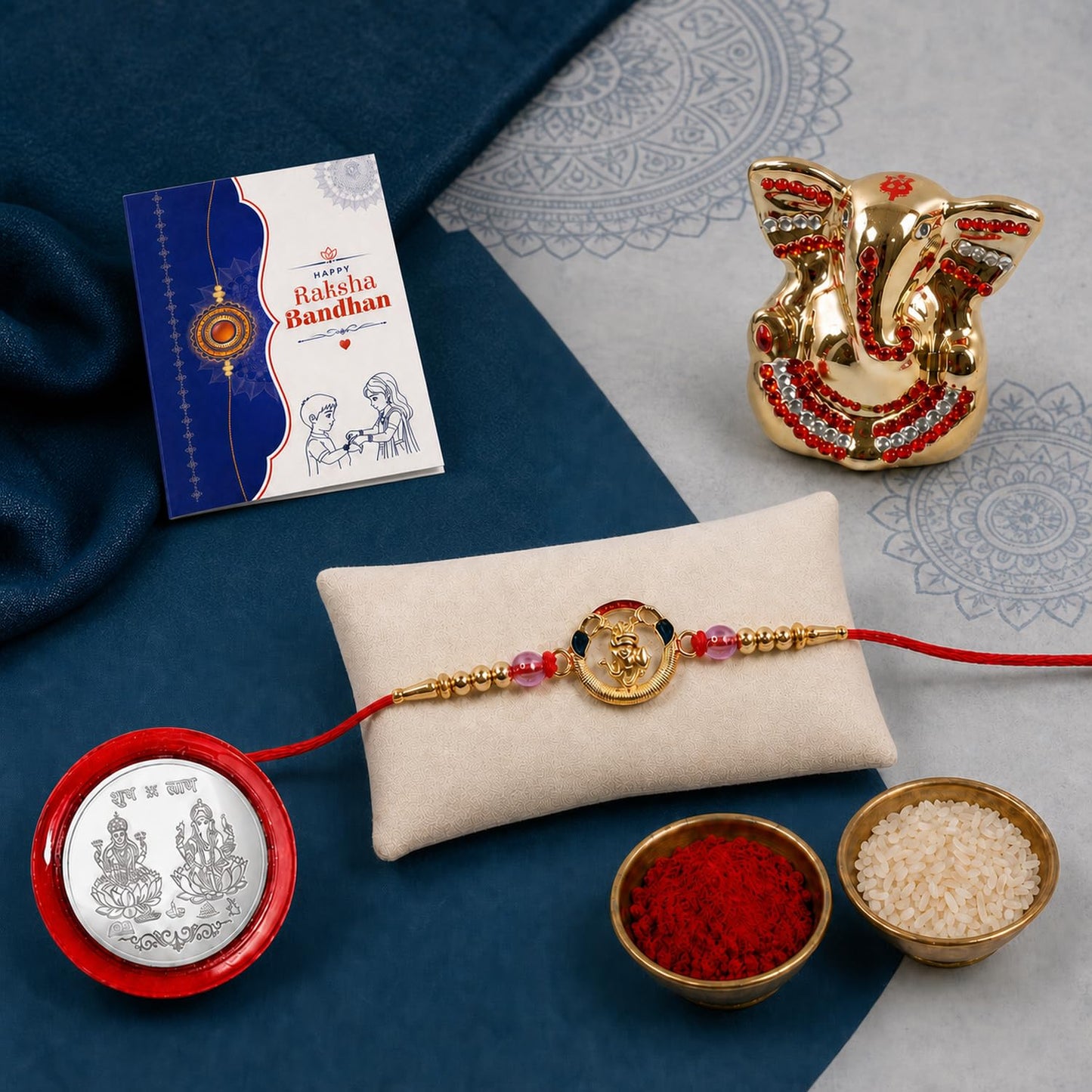 Rakhi for Brother – Raksha Bandhan Gift Combo with Ganesha Design Rakhi, Ganesh Idol, Roli
