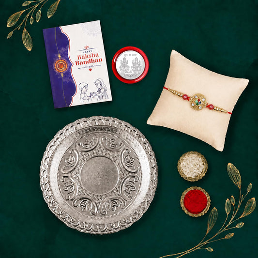 Raksha Bandhan Combo with Multicolor Kundan Rakhi and Silver Pooja Thali