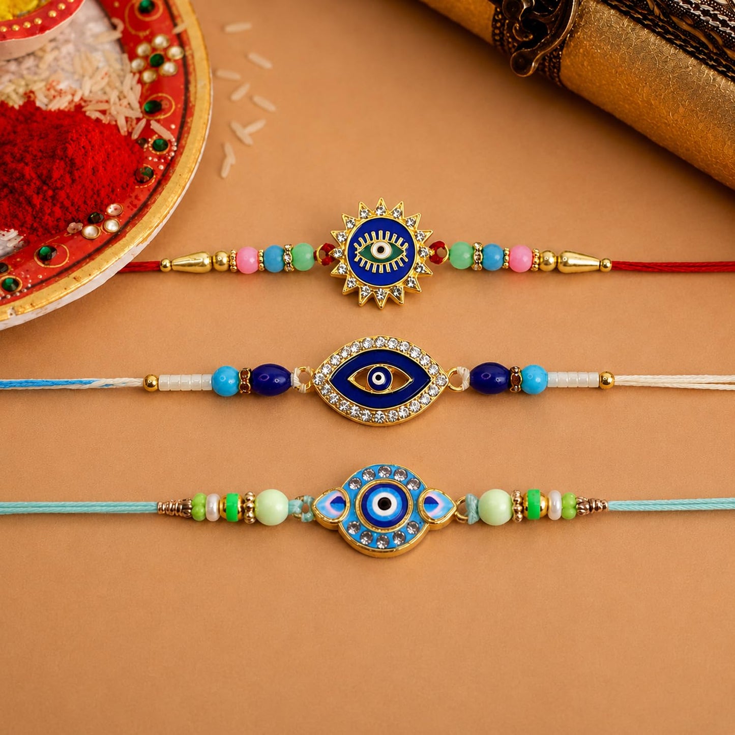 Designer Graceful Multicolor Evil Rakhi for Brother with Roli Tikka, Pack of 6