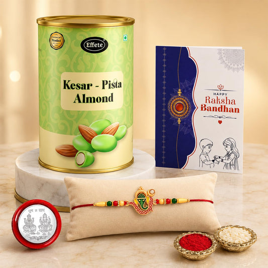 Ganesha Multicolor Rakhi Kesar-Pista Almond Raksha Bandhan gift combo displayed together.