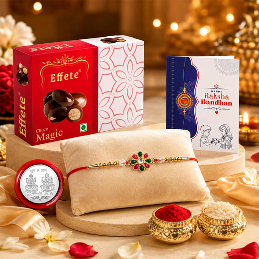 Flower Rakhi for Brother with Chocolate Magic 32gm, Roli Chawal & Card, Pack of 5