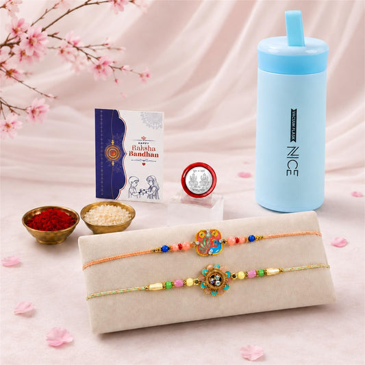 Complete Rakhi Gift Combo set with peacock and flower rakhi, water bottle, and ceremonial items.