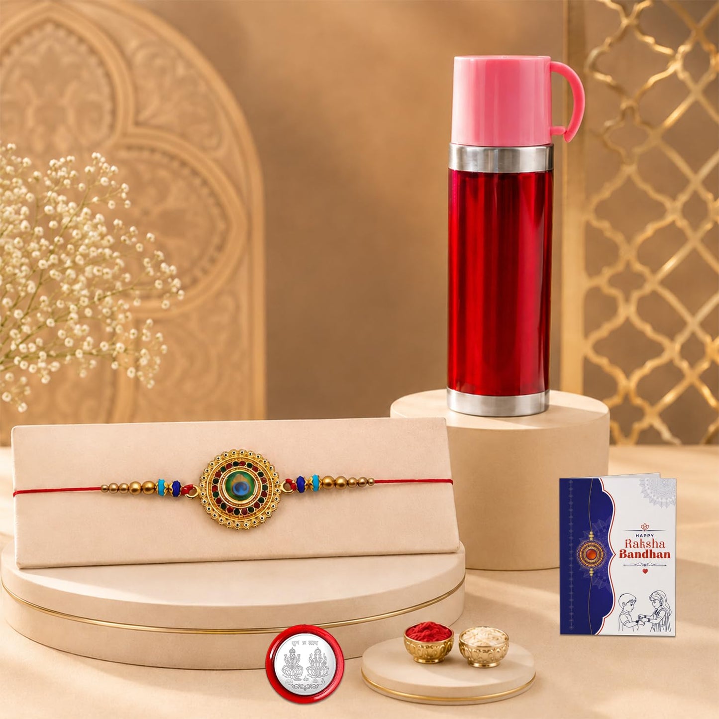 Round Rakhi for Brother with Travel Mug 500ml - Rakshabandhan Gift Set, Pack of 5