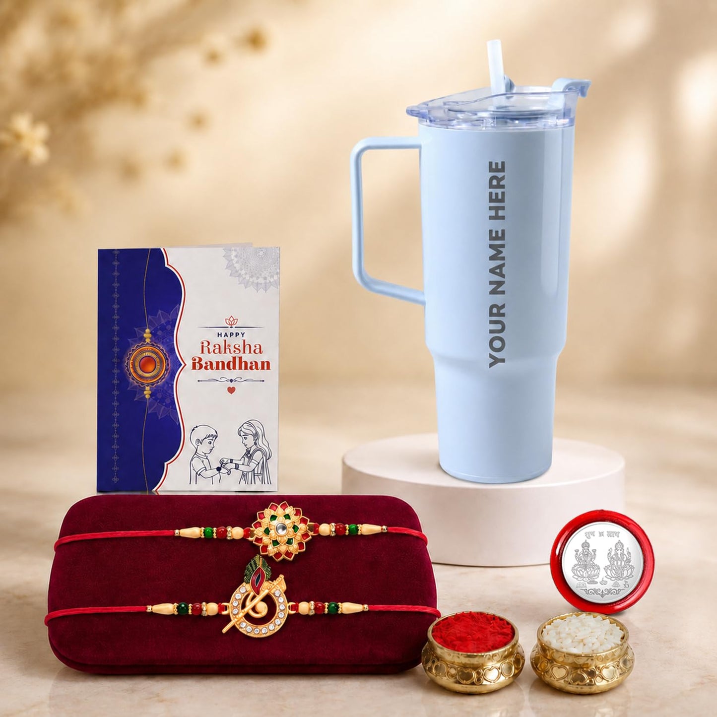 Flower Rakhi for Brother with Travel Tumbler - Raksha Bandhan Gift Set, Pack of 6