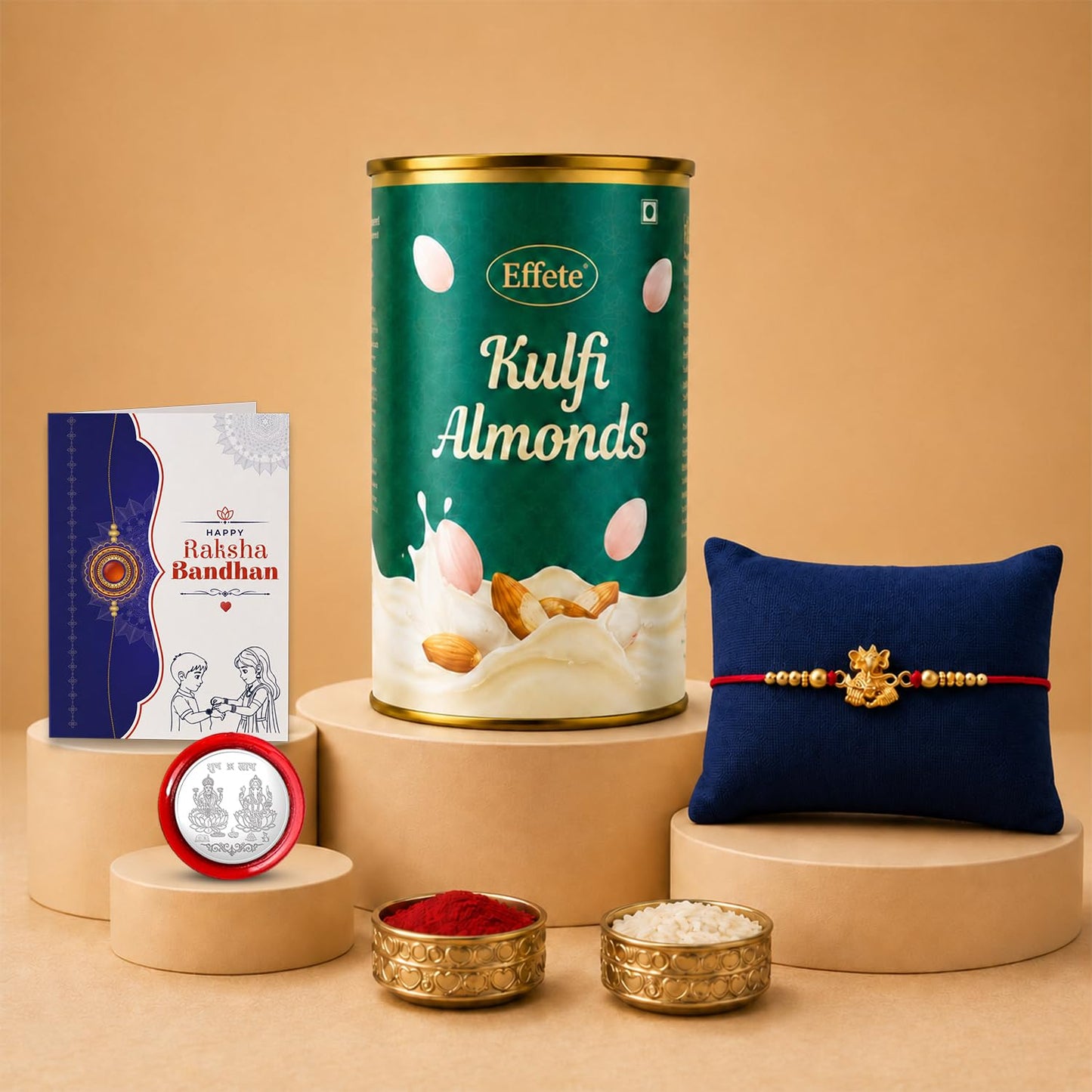 OM Ganesha Rakhi for Brother with Kulfi Almonds 96gm, Coin & Card, Pack of 6
