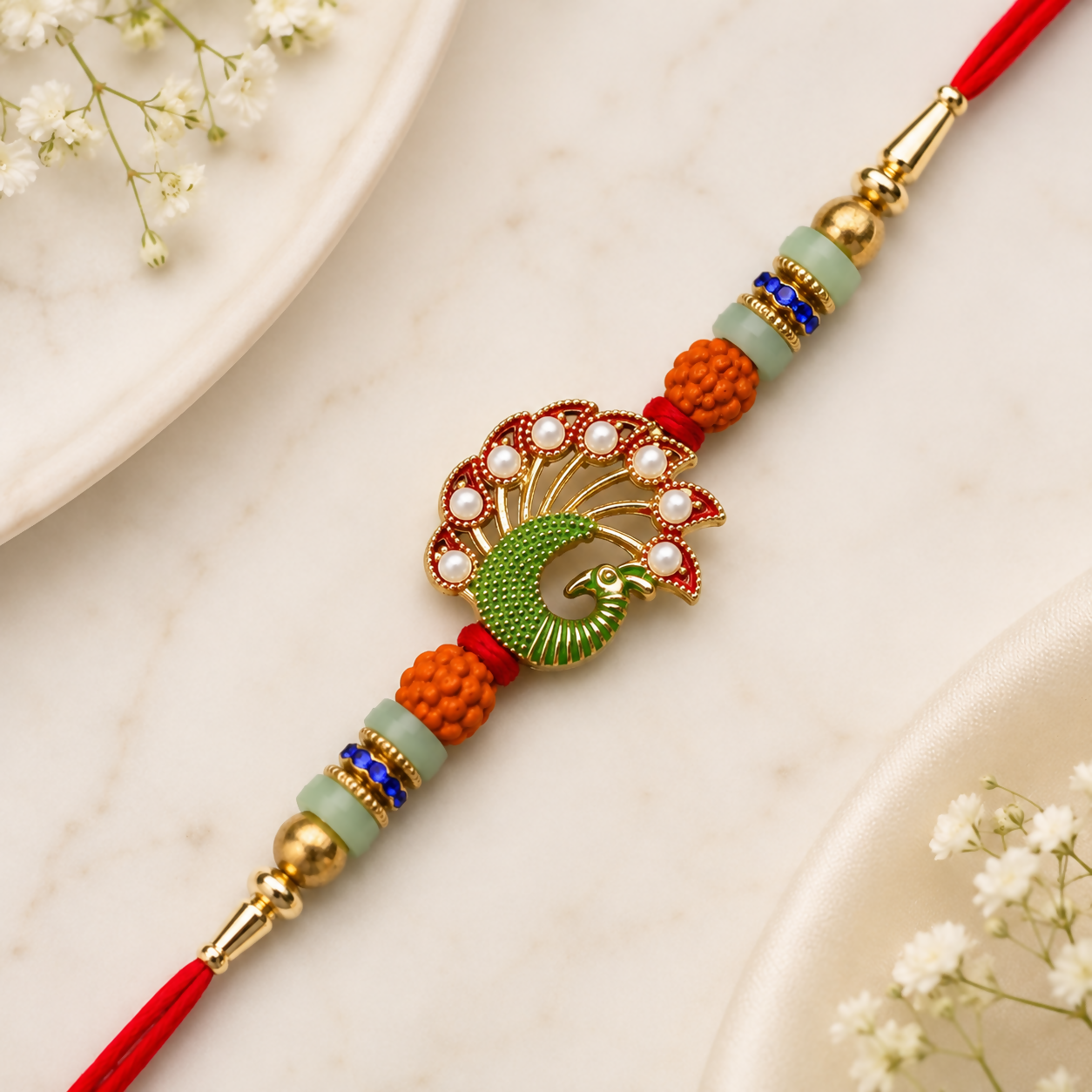 A red thread bracelet with a green peacock charm, orange and light green beads, and gold accents is centered on a white
