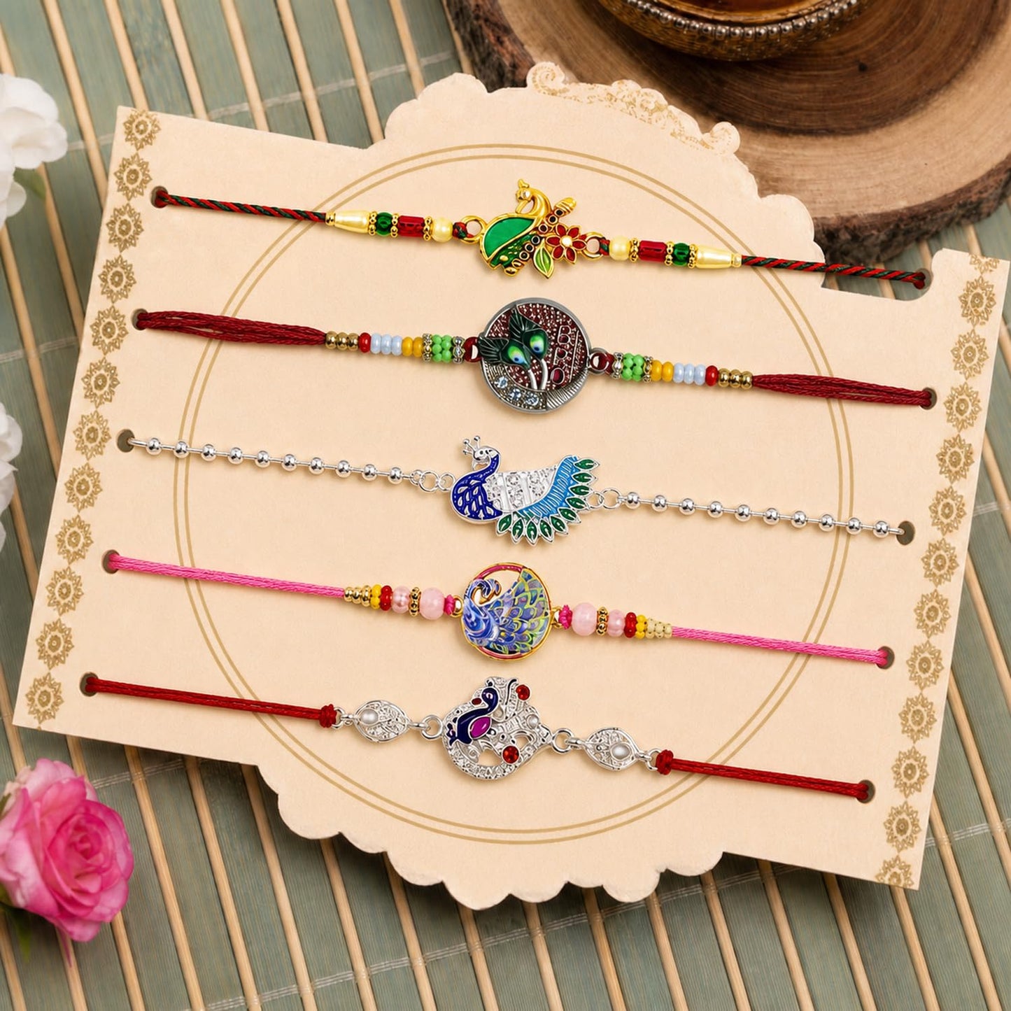 Designer Delightful Rakhi for Brother with Roli Tikka & Greeting Card, Pack of 8