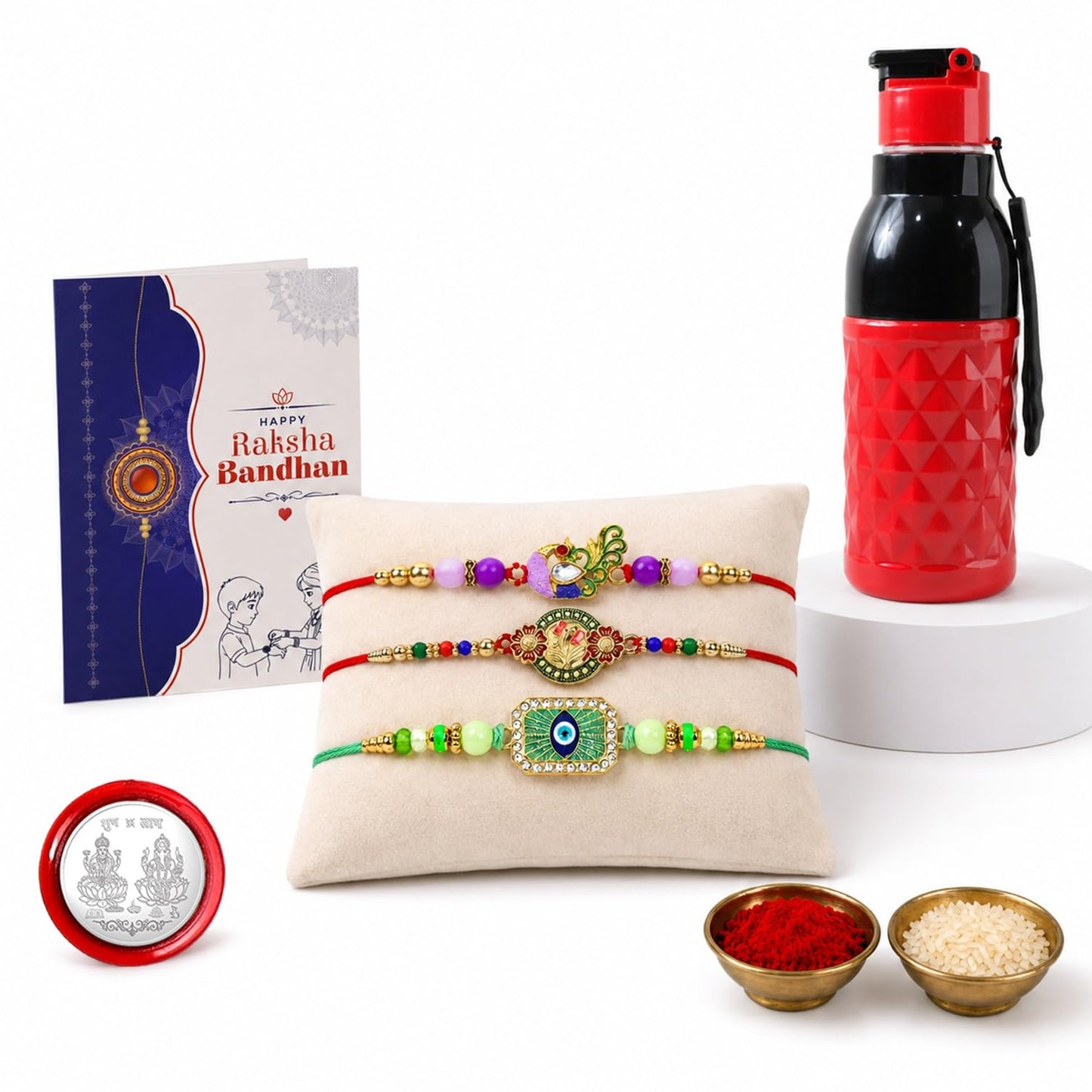 Floral, Evil Eye Rakhi Combo - Raksha Bandhan Gift with Sports Bottle 400ml, Pack of 7