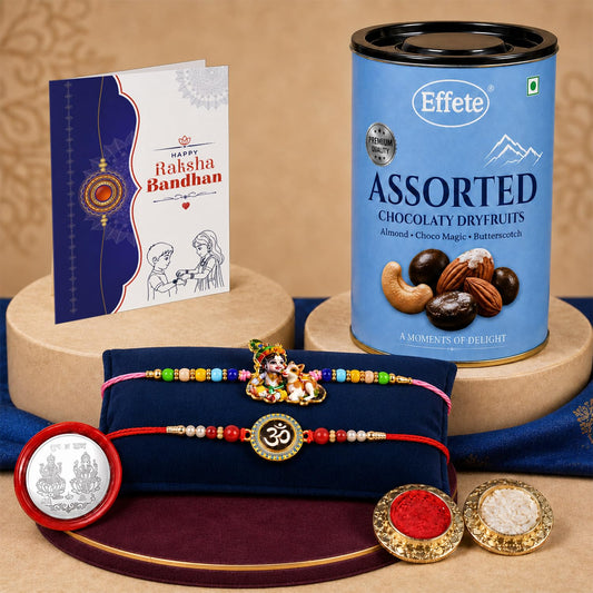 Raksha Bandhan gift combo featuring a Krishna rakhi, assorted chocolates, roli and chawal