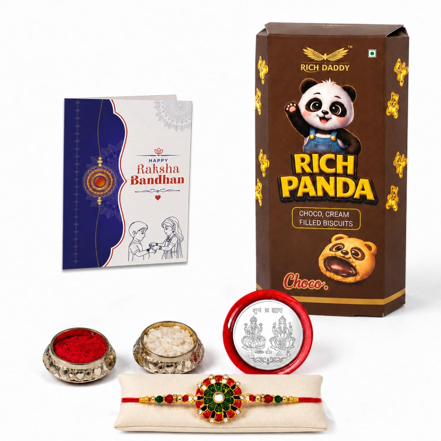 Flower Rakhi for Brother with Choco Cream Biscuit 60gm, Coin & Card, Pack of 5