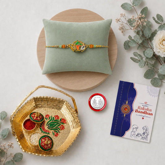 Multicolor bracelet rakhi with basket-topli pooja thali set for Raksha Bandhan.