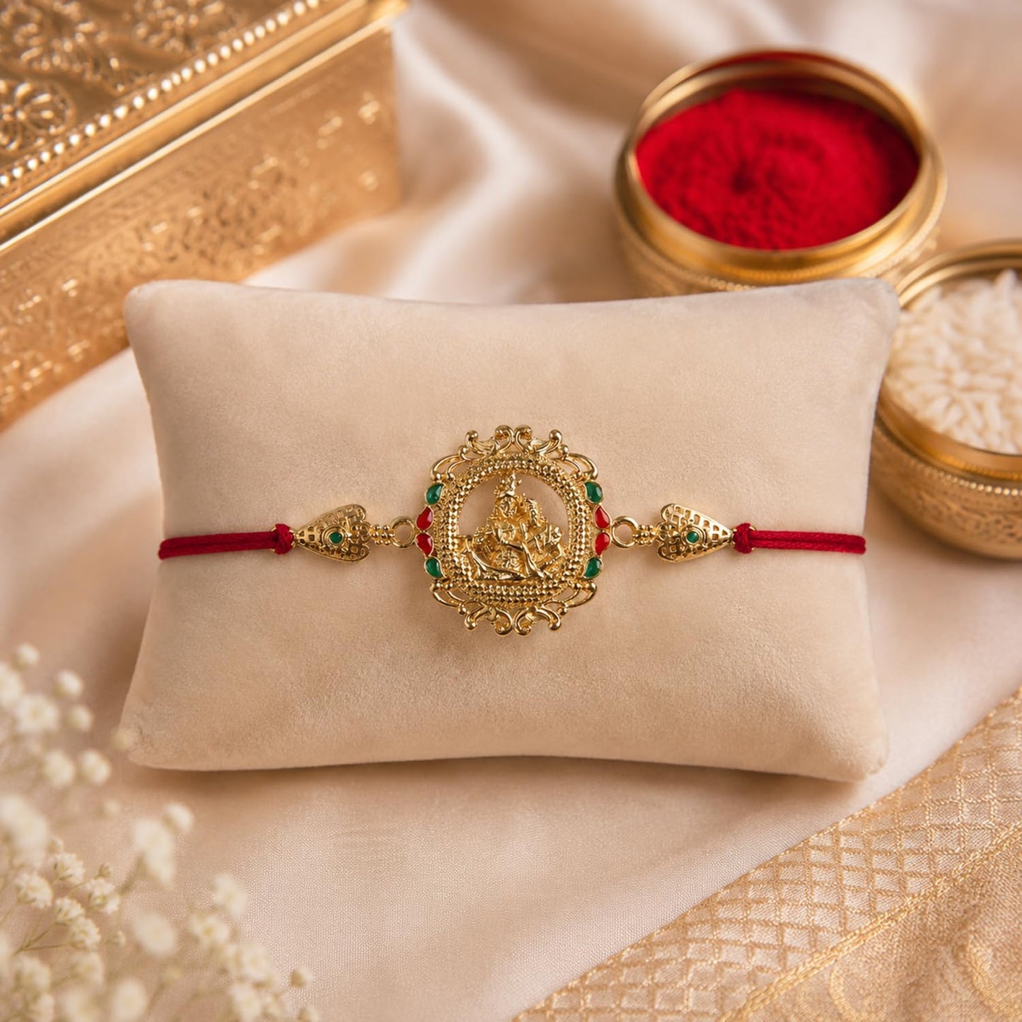 Deity Rakhi for Brother with Chocolate Magic 96gm, Roli Tikka & Card - Pack of 7