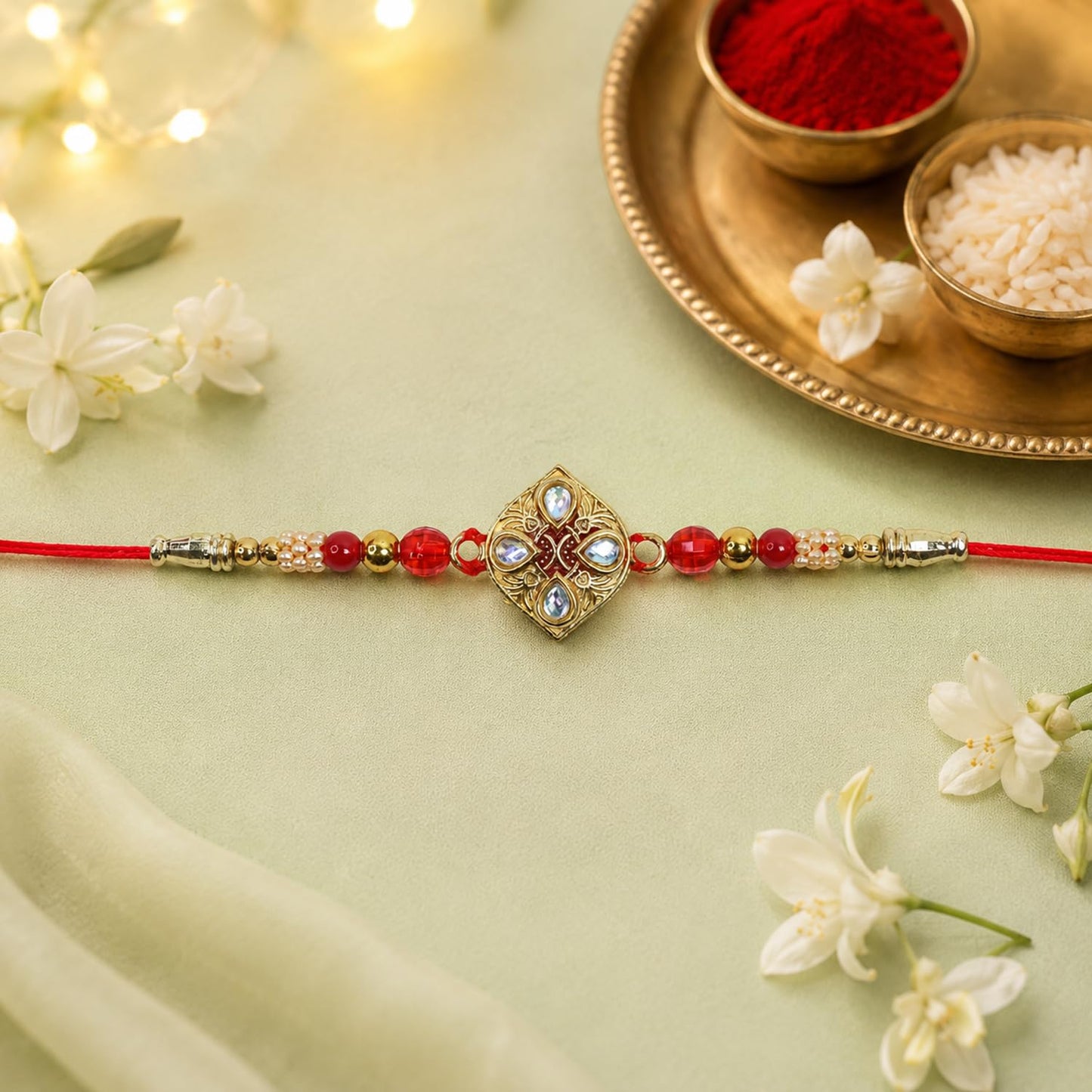 Kundan Rakhi for Brother with Chocolate Magic 32gm, Roli Tikka & Card, Pack of 7