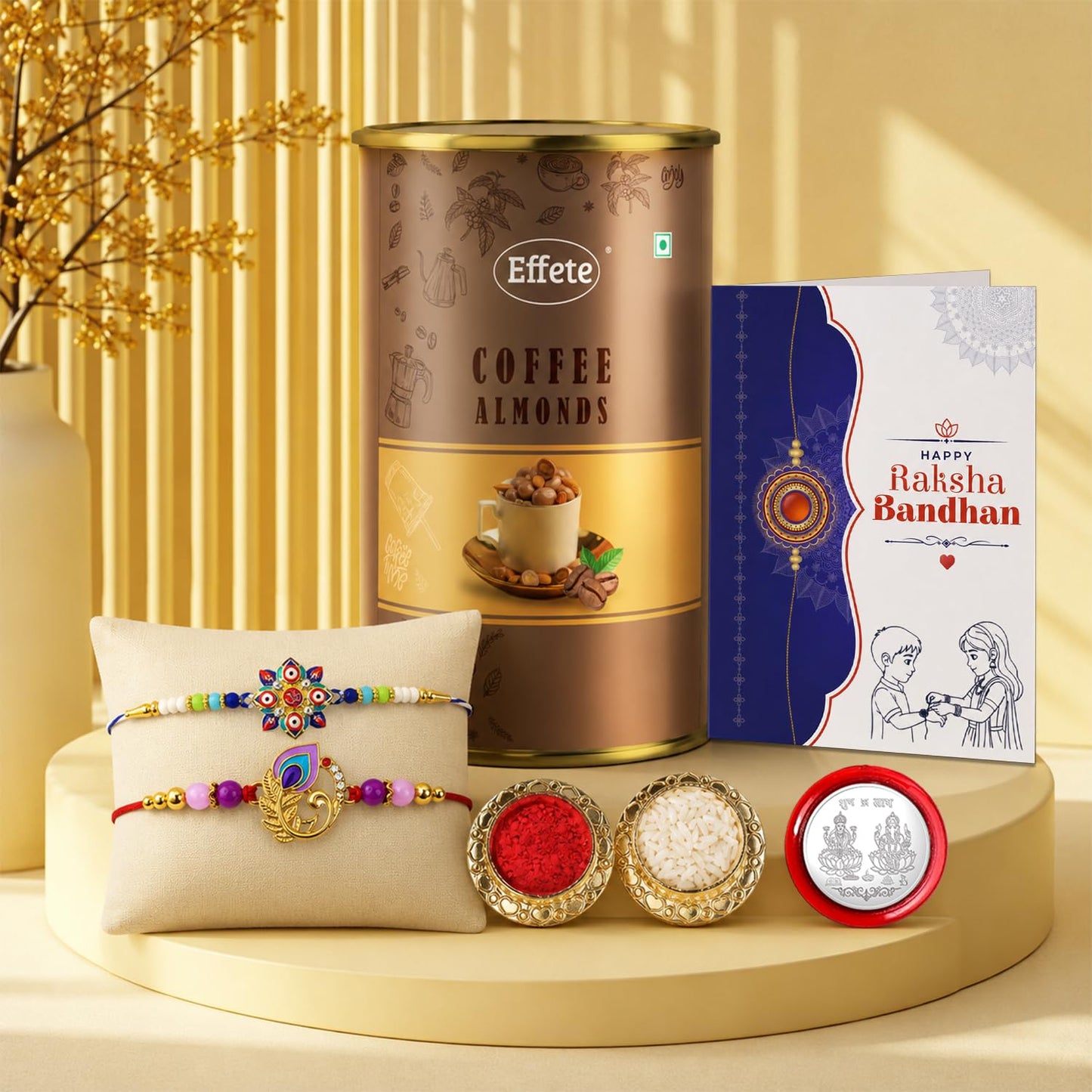 OM, Peacock Multicolor Rakhi & Coffee Almond 96gm with Roli Chawal, Silver Color Pooja Coin & Greeting Card, Rakshbandhan Combo, Rakhi & Chocolate, Pack of 6 For Raksha Bandhan
