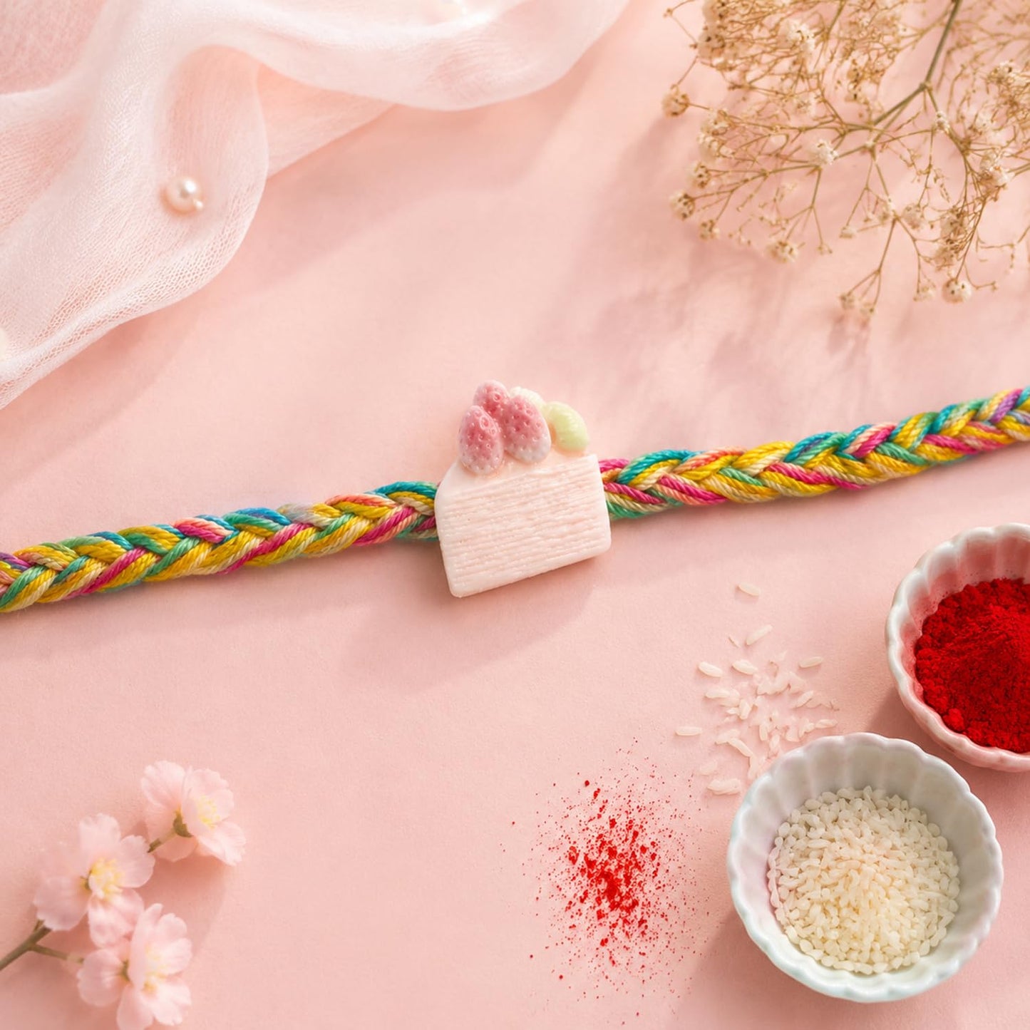 A colorful braided bracelet with a small cake charm lies on a pink surface, surrounded by rice, red powder, and delicate